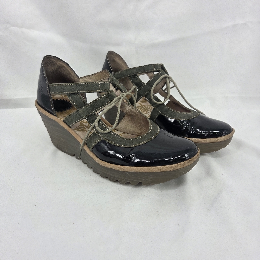 Fly London Black and Green Wedges